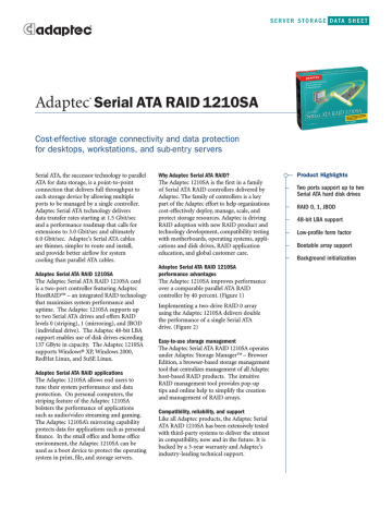 Adaptec AAR-1210SA ATA RAID KIT PCI ser Datasheet | Manualzz