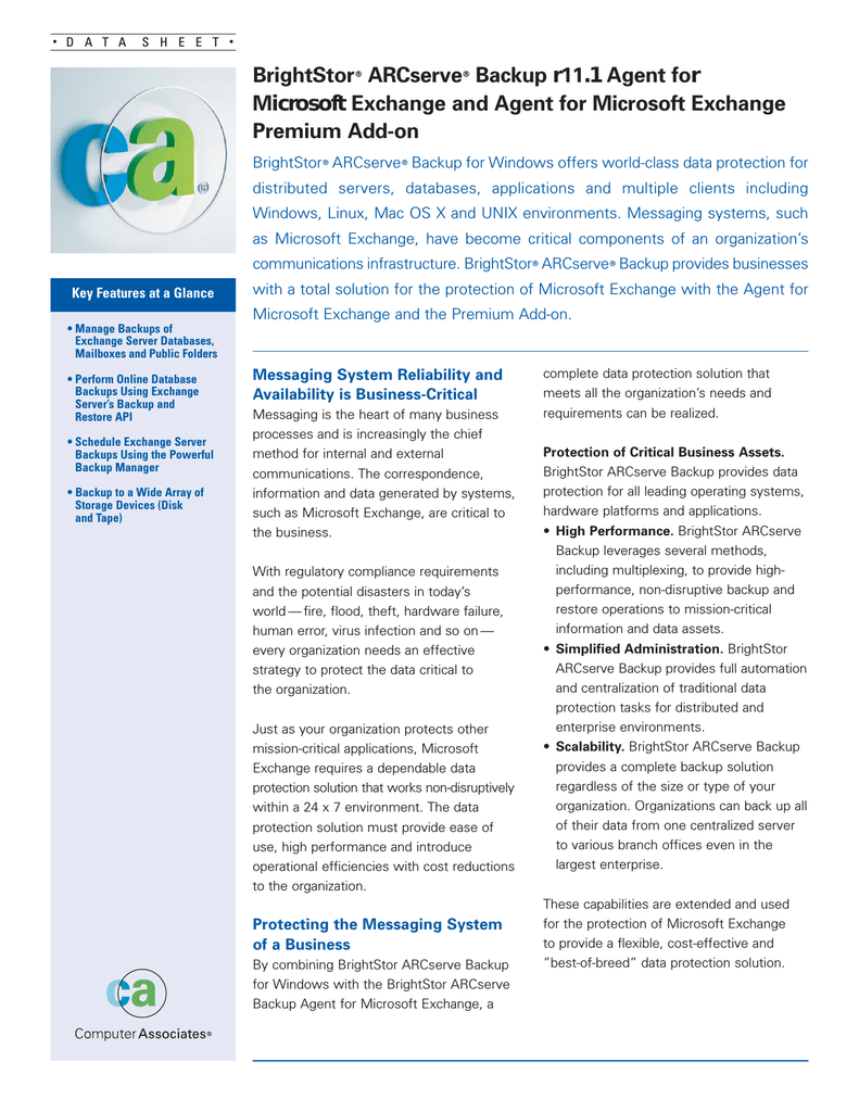 Ca Brightstor Arcserve Backup R11 1 For Windows Agent For Microsoft Exchange Product Plus 1 Year Value Maintenance Datasheet Manualzz