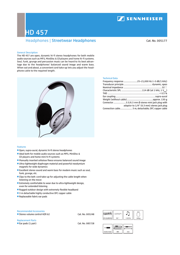 Sennheiser HD 457 Datasheet | Manualzz