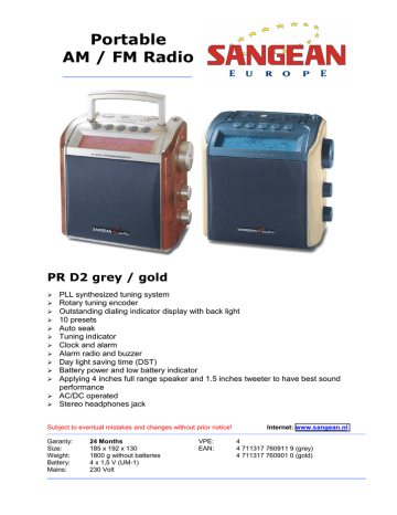 Sangean Portable Radio Pr D2 Datasheet, Sangean Alarm Clock Manual