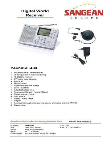 Sangean Pakket-404 Digital World Receiver Datasheet | Manualzz