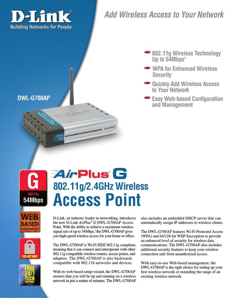 D-Link D-Link DWL-G700AP AIRPLUS G 802.11G Indoor 54MBit Wireless LAN Access Point • 