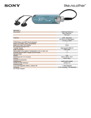 Sony Network WALKMAN NW-E507 L Datasheet | Manualzz