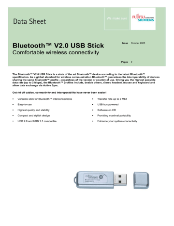 Fujitsu Bluetooth V2.0 USB Stick Datasheet | Manualzz