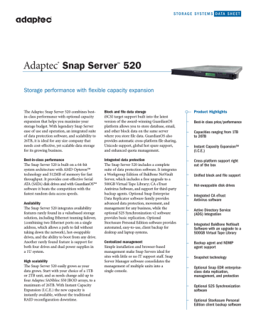 Adaptec Snap Server 520, 2TB Datasheet | Manualzz