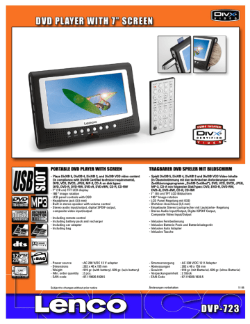 Lenco DVP723 Portable DVD player Datasheet | Manualzz