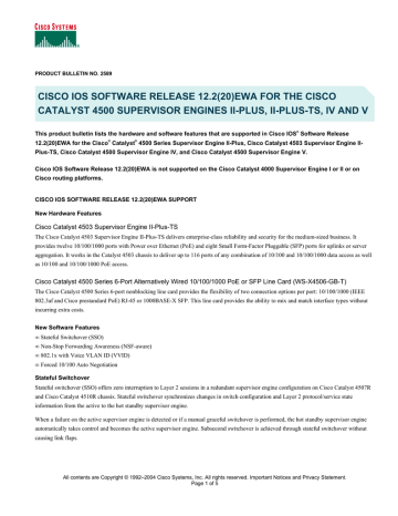 Cisco IOS Enhanced L3 Catalyst 4500 Supervisor Engines 4/5, 3DES (OSPF, EIGRP, IS-IS) Datasheet | Manualzz