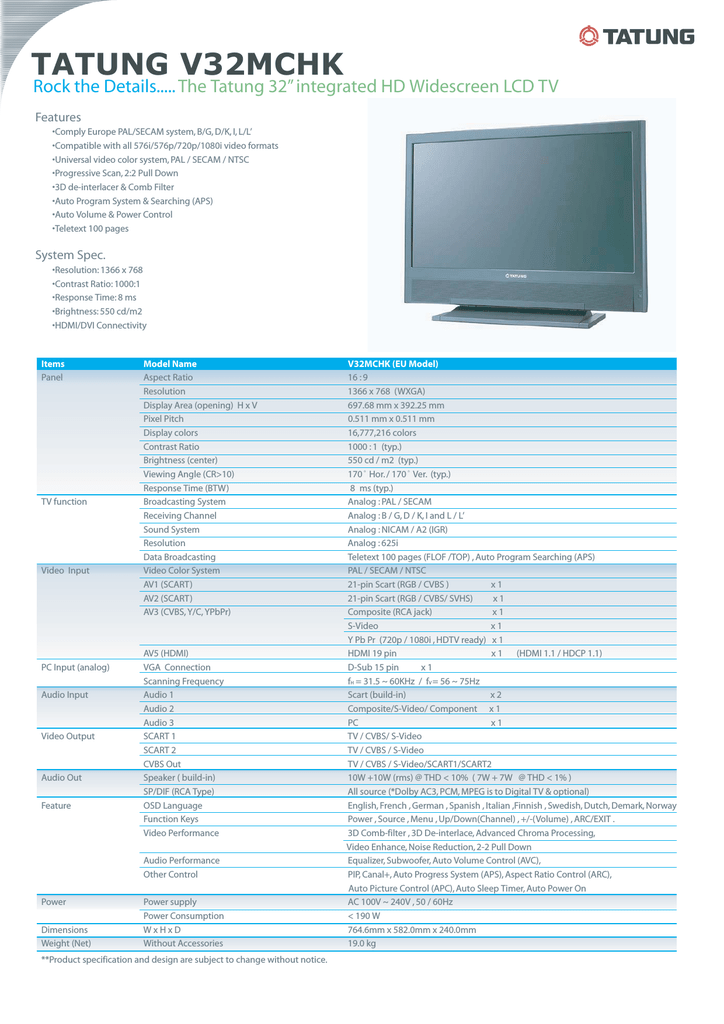 Tatung 32 Widescreen Lcd Tv Datasheet Manualzz