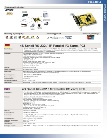 EXSYS EX-41094 4S Serial RS-232 / 1P Parallel I/O card, PCI Datasheet | Manualzz