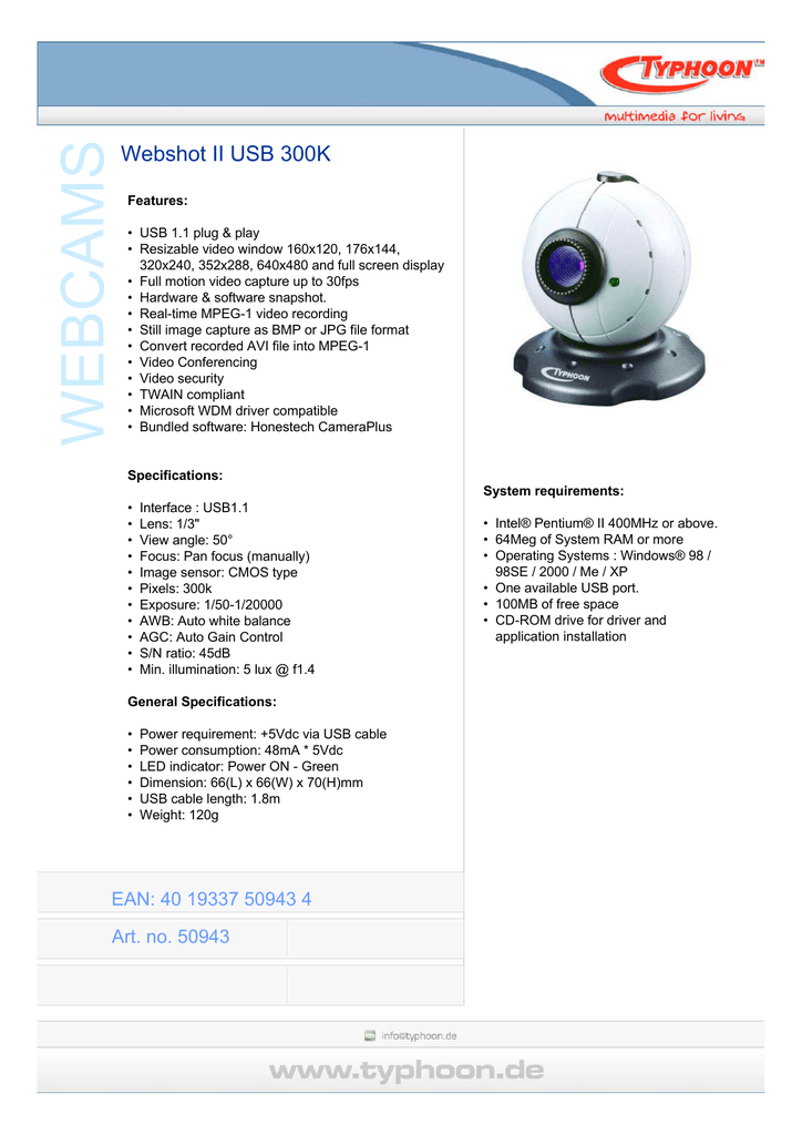 DRIVERS UPDATE: TYPHOON WEBSHOT II USB 300K TYPHOON WEBSHOT II USB 300K TELECHARGER PILOTE