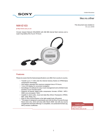 Sony NW-E103 Datasheet | Manualzz