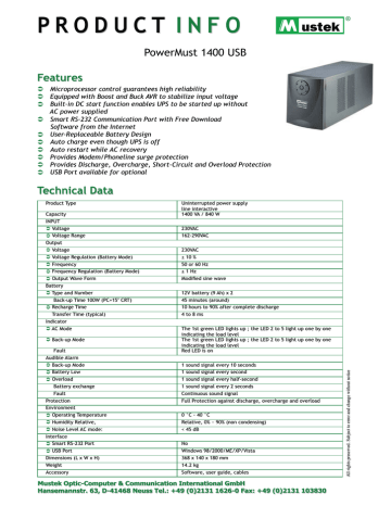 Mustek PowerMust 1400 USB Datasheet | Manualzz