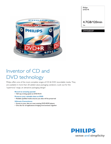 Philips DR4S6B50F 4.7GB / 120min 16x DVD+R Datasheet | Manualzz