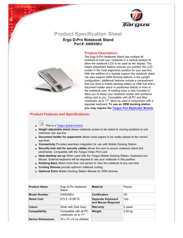 Targus Ergo D-Pro Notebook Stand Datasheet | Manualzz