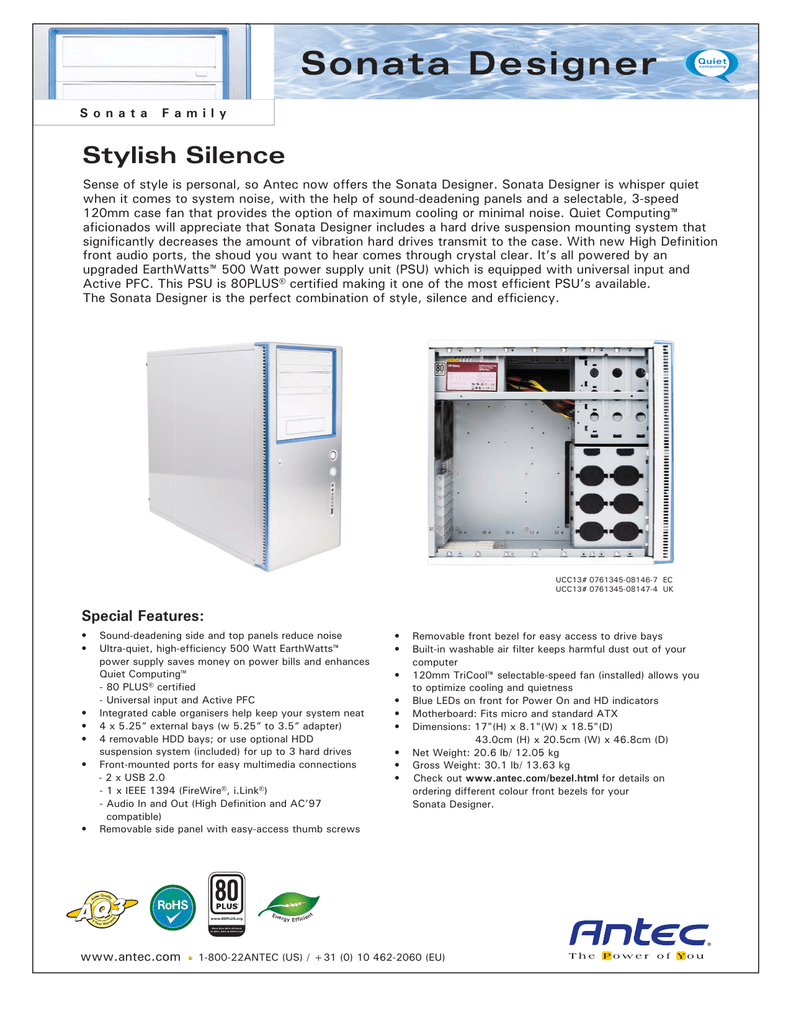 Antec Sonata Designer 500 Datasheet Manualzz
