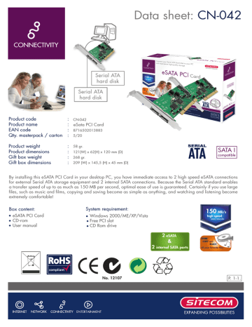 Sitecom eSATA PCI Card Datasheet | Manualzz