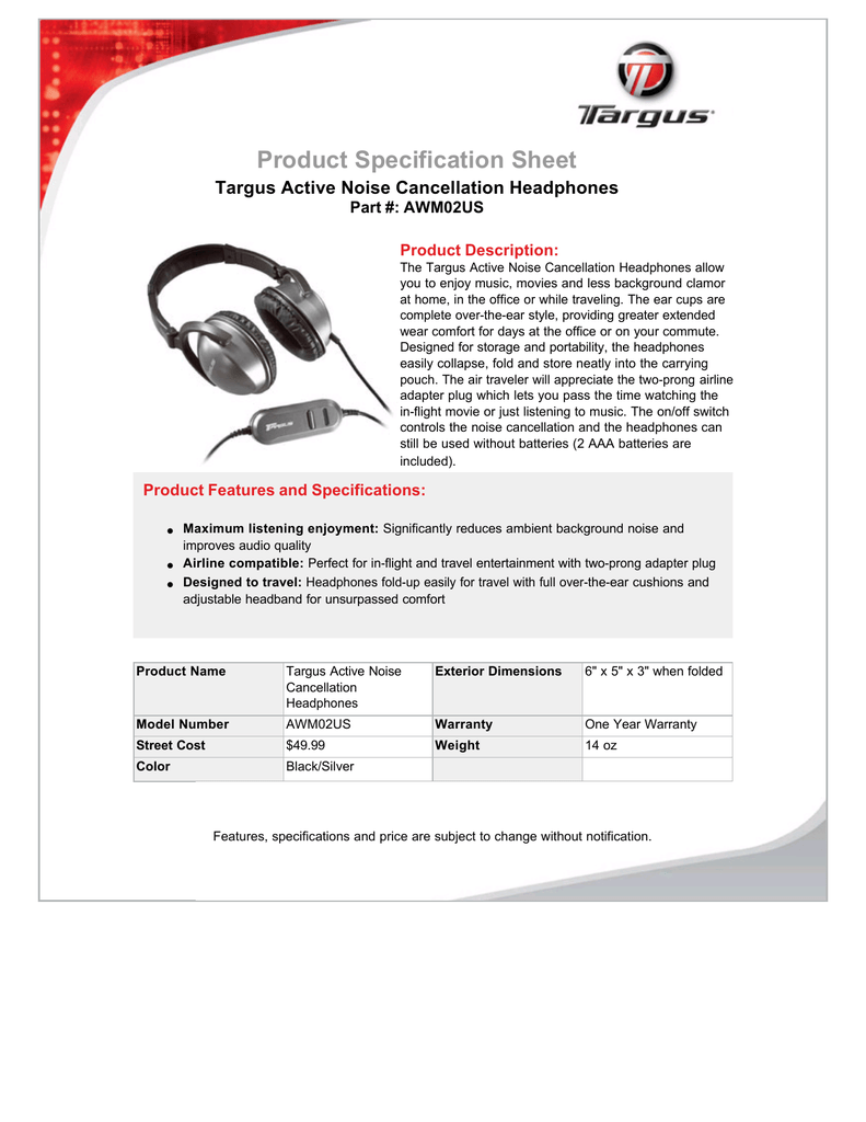 Targus Active Noise Cancellation Headphone Datasheet | Manualzz