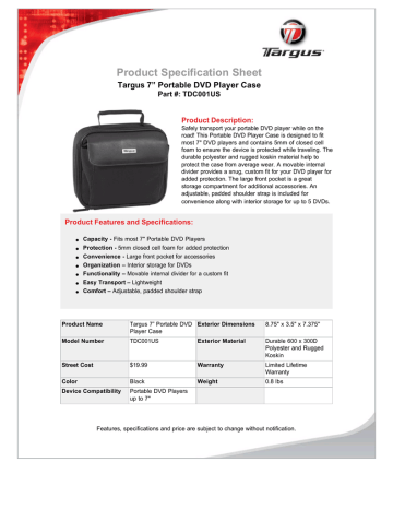 Targus Portable DVD Player Case Datasheet | Manualzz
