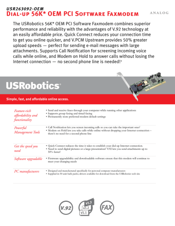 US Robotics 56K OEM PCI Faxmodem Datasheet | Manualzz