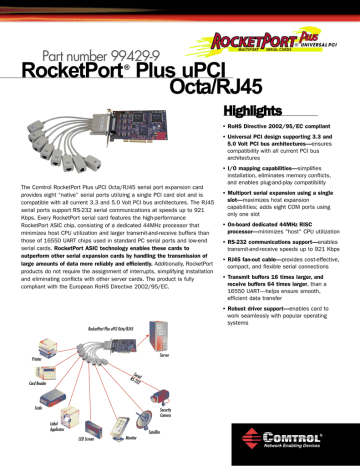 Comtrol RocketPort Plus uPCI Octa RJ45 Datasheet | Manualzz