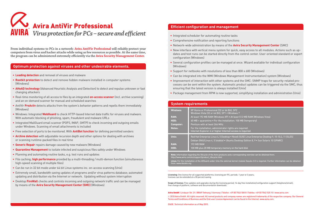 Avira AntiVir Professional, 1 users, 1 Year Datasheet | Manualzz