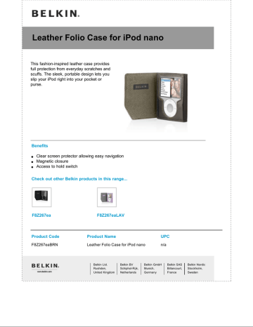 Belkin iPod Leather Folio Case Datasheet | Manualzz