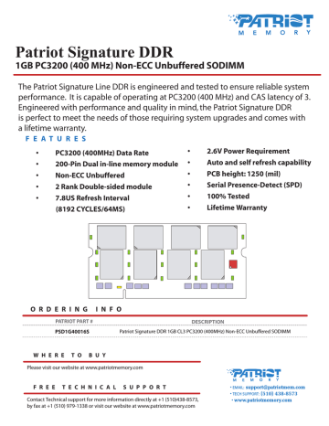 Patriot Memory PSD1G40016S memory module Datasheet | Manualzz