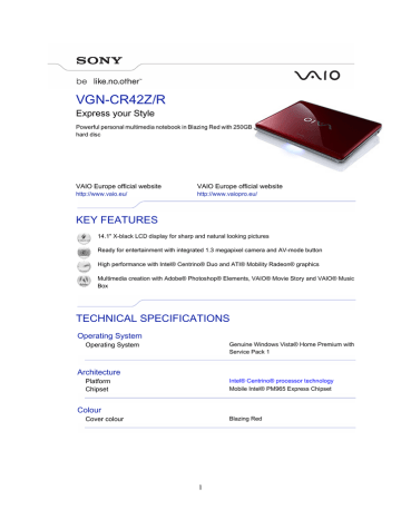 Sony VAIO VGN-CR42Z/R Datasheet | Manualzz