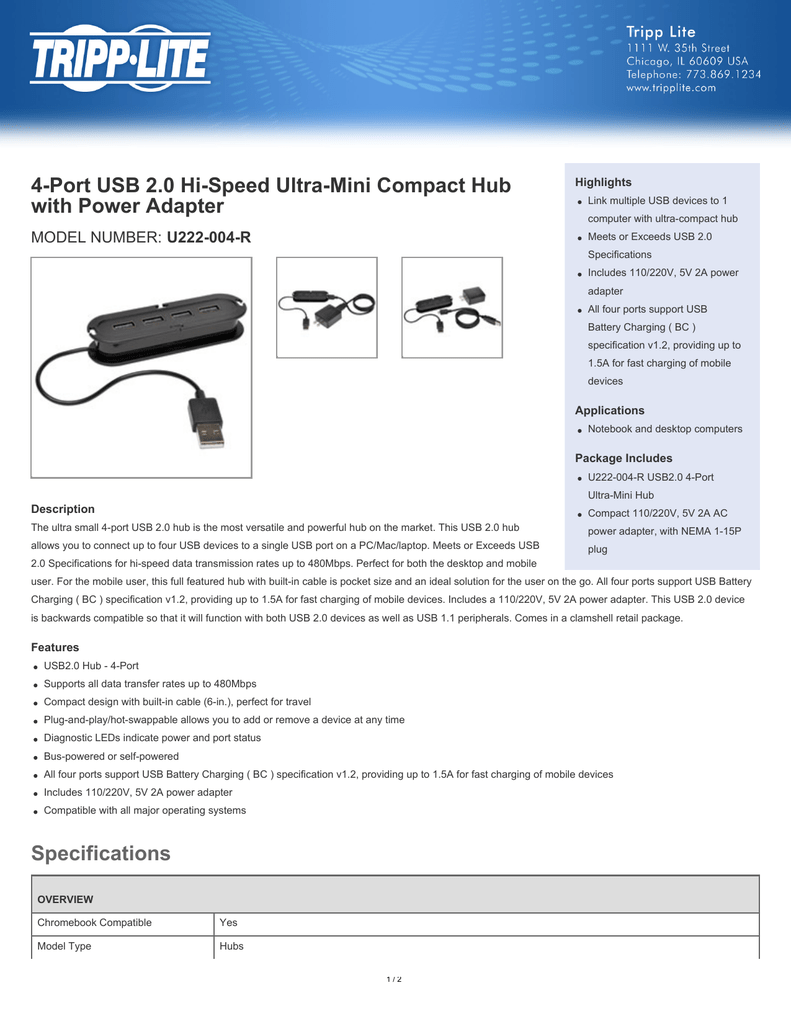 U222-004 Tripp Lite 4-Port USB 2.0 Hi-Speed Ultra-Mini Hub