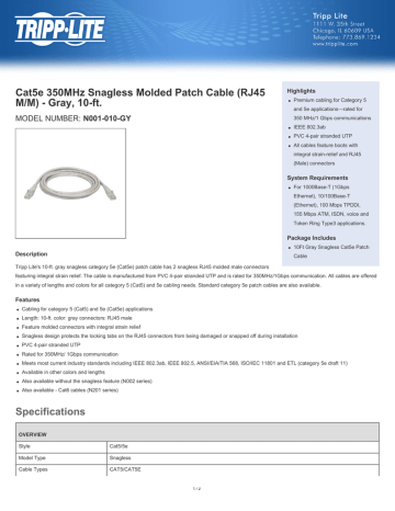 Tripp Lite Cat5e 350MHz Snagless Molded Patch Cable (RJ45 M/M) - Gray, 10-ft. Datasheet | Manualzz