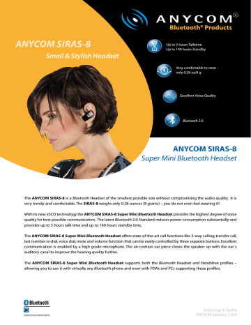 Anycom SIRAS-8 Super Mini Headset Datasheet | Manualzz