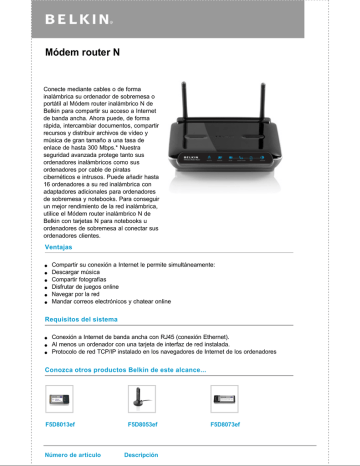 Belkin N Wireless Modem Router Ficha de datos | Manualzz