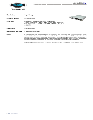 Origin Storage i4500R 1U 4 Bay Rackmount iSCSI SAN 1000GB Datasheet | Manualzz