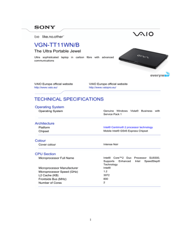 Sony VAIO VGN-TT11WN/B Datasheet | Manualzz