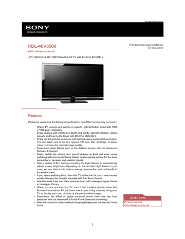 Sony KDL-40V5500 LCD TV Datasheet | Manualzz