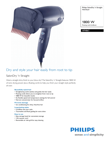 Philips SalonDry 'n Straight HP4867/00 hair dryer Datasheet | Manualzz