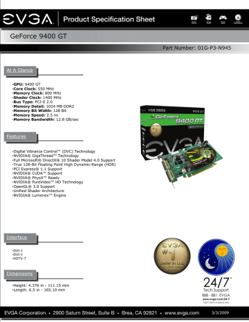 EVGA 01G-P3-N945-LR GeForce 9400 GT 1GB graphics card Datasheet | Manualzz