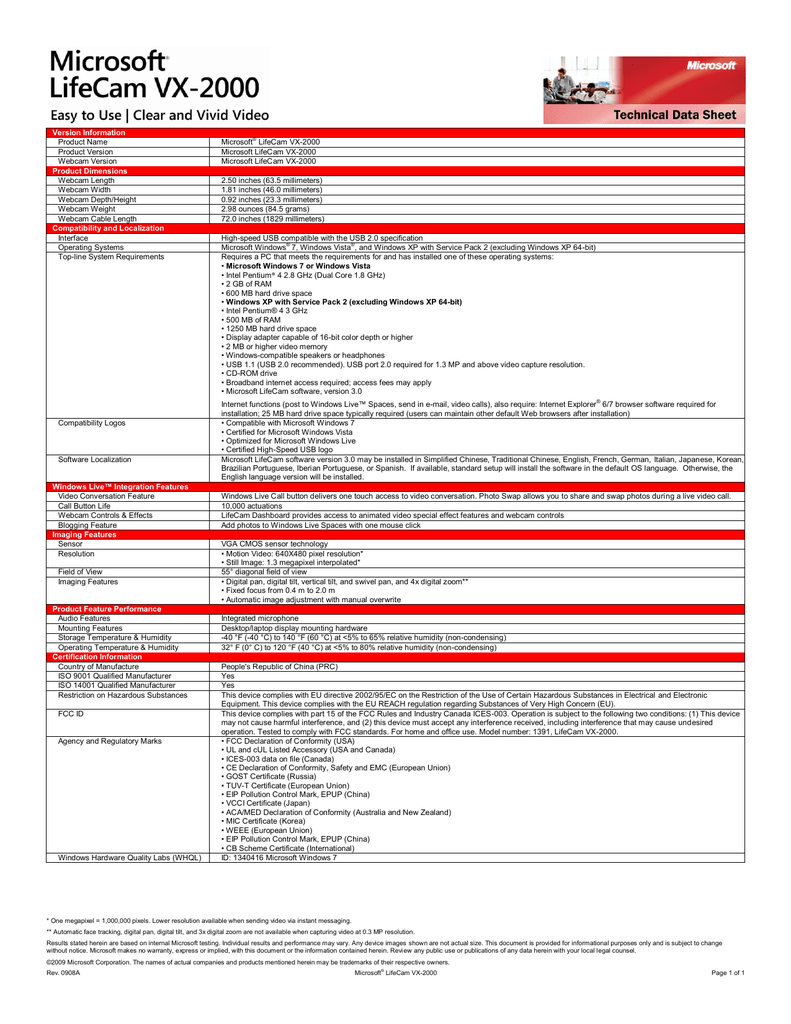 Microsoft Yfc Yfc Yfc Lifecam Vx 00 Yfc Datasheet Manualzz