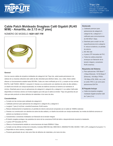 Tripp Lite Cat6 Gigabit Snagless Molded Patch Cable (RJ45 M/M) - Yellow, 7-ft. Ficha de datos | Manualzz