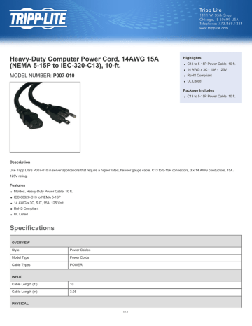 Tripp Lite Heavy-Duty Computer Power Cord, 14AWG 15A (NEMA 5-15P to IEC-320-C13), 10-ft. Datasheet | Manualzz