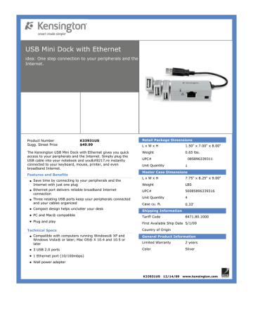 Kensington USB Mini Dock with Ethernet Datasheet | Manualzz