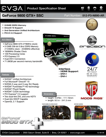 EVGA Geforce 9800 GTX+ SSC NVIDIA GeForce 9800 GTX Datasheet | Manualzz