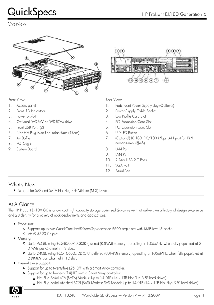 Hp Proliant Dl180 G6 X5504 1p 2gb U 1x500gb Sata 460w Ps Server Tv Datasheet Manualzz