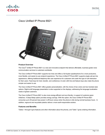 Cisco Unified IP Phone 6921, Slimline Handset Datasheet | Manualzz