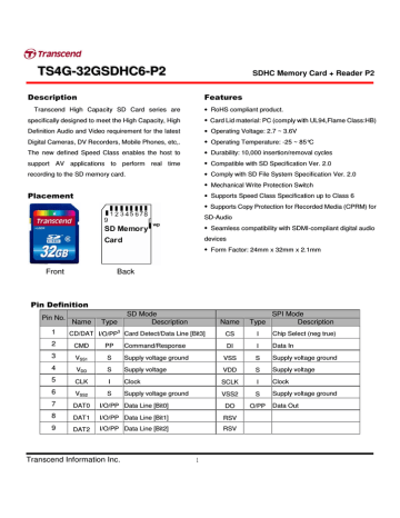 Transcend Transcend SDHC Class 6, 16GB & P2 Combo Datasheet | Manualzz