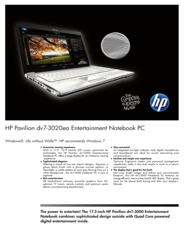 Hp Pavilion Dv7 30ea Entertainment Notebook Pc Datasheet Manualzz