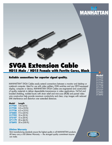 MANHATTAN SVGA Extension Cable HD15 Male to HD15 Female Ferrite Core 20M Black 