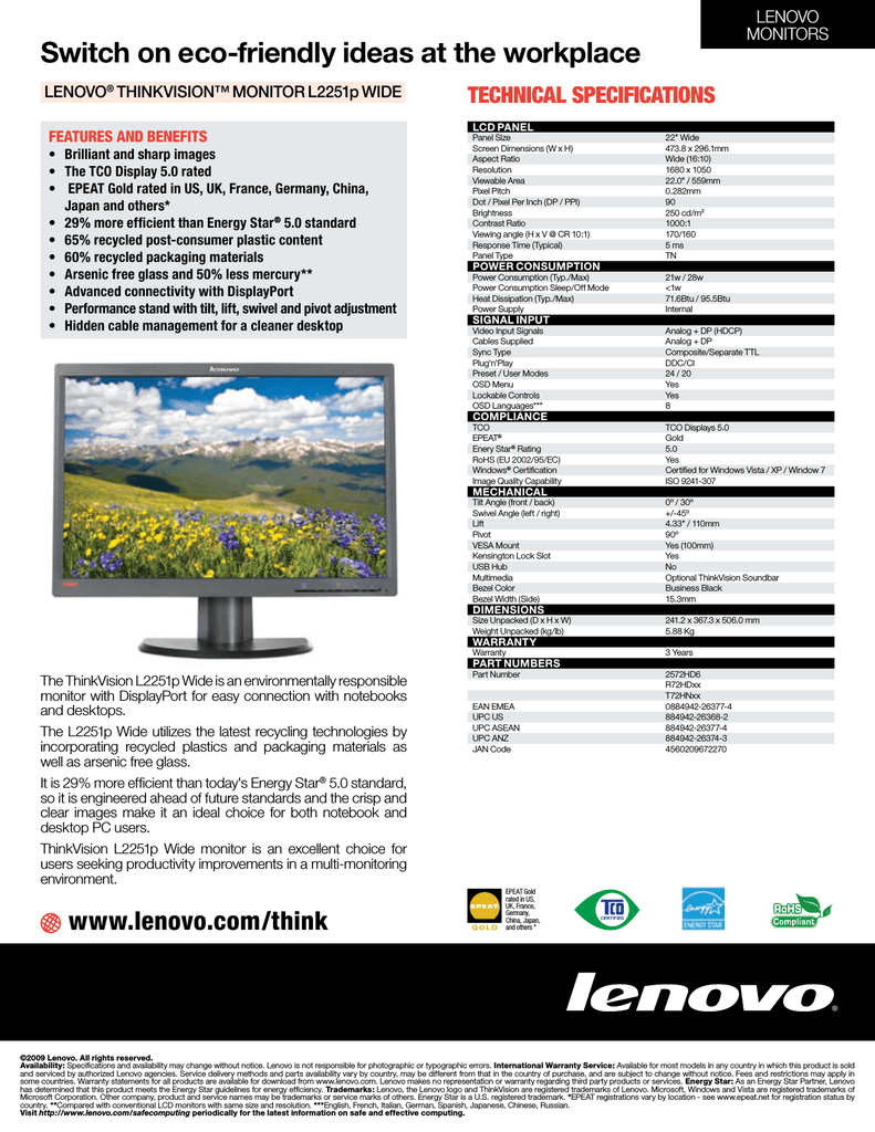 Lenovo ThinkVision L2251p Datasheet 