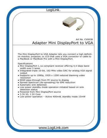 LogiLink Mini DisplayPort VGA Adapter Datasheet Manualzz