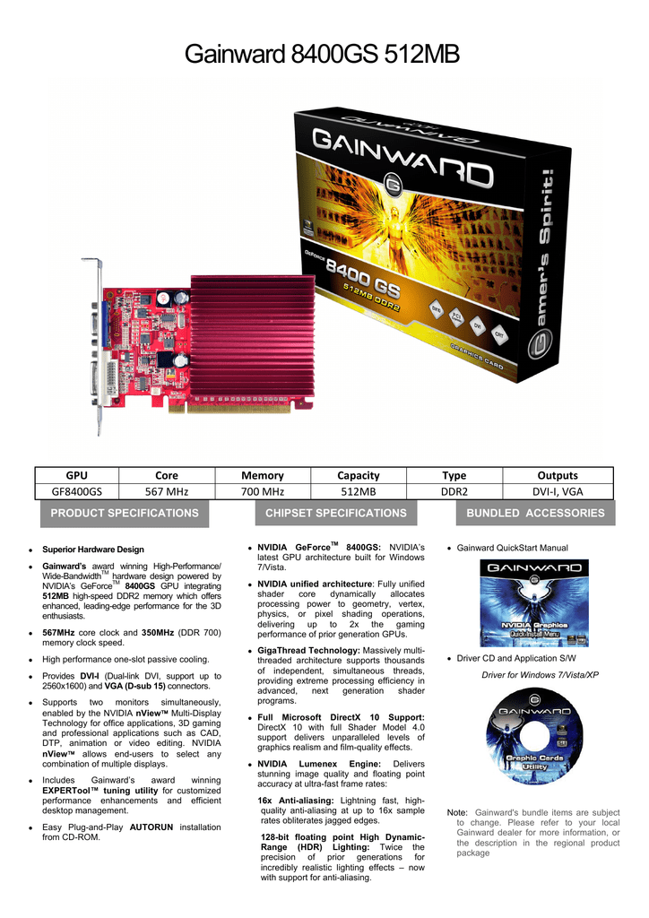 Gainward 8400GS 512MB NVIDIA GeForce 8400 GS Datasheet Manualzz